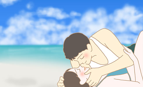 海でキスするカップルのイラスト