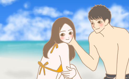 海にいるカップルのイラスト